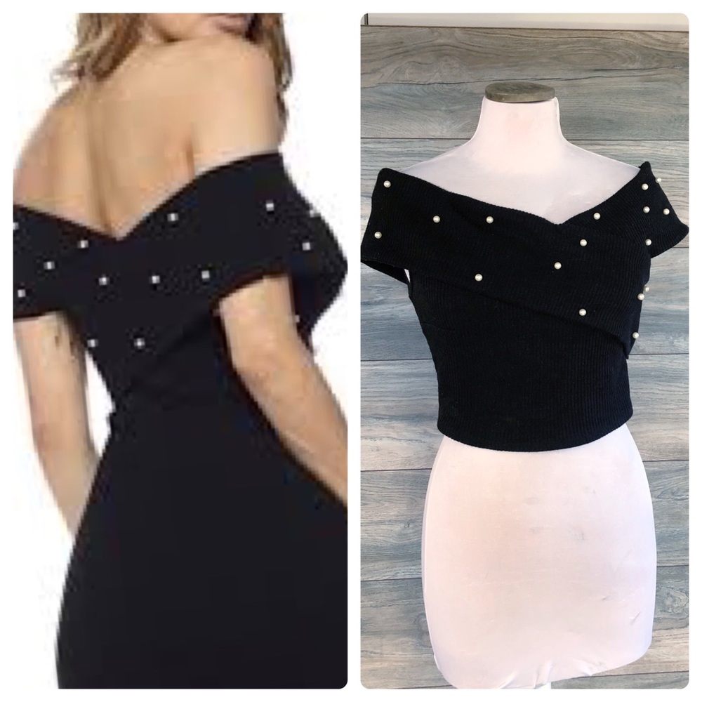 Black ribbed knit pearl off the shoulder crop top.🌸